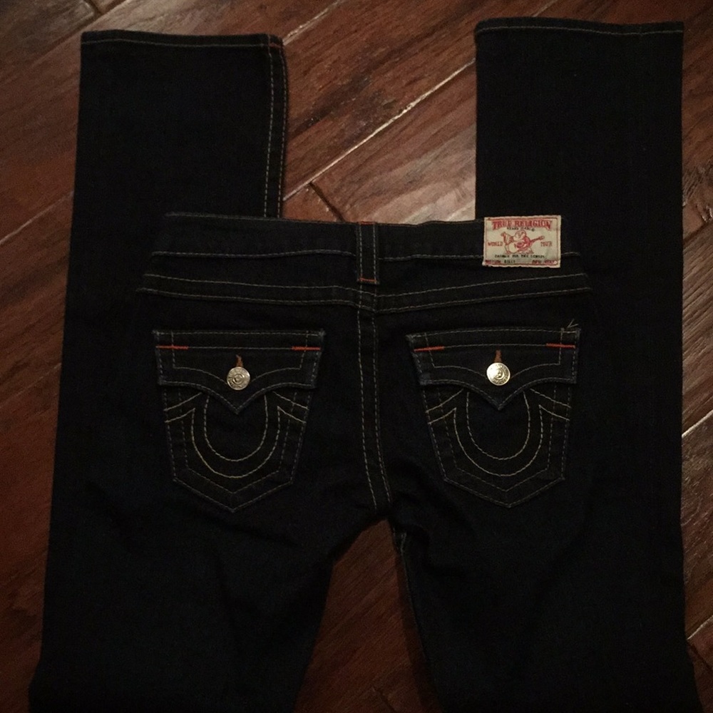 True Religion Women's Straight Leg Jeans — Dark Indigo with Contrast Stitching